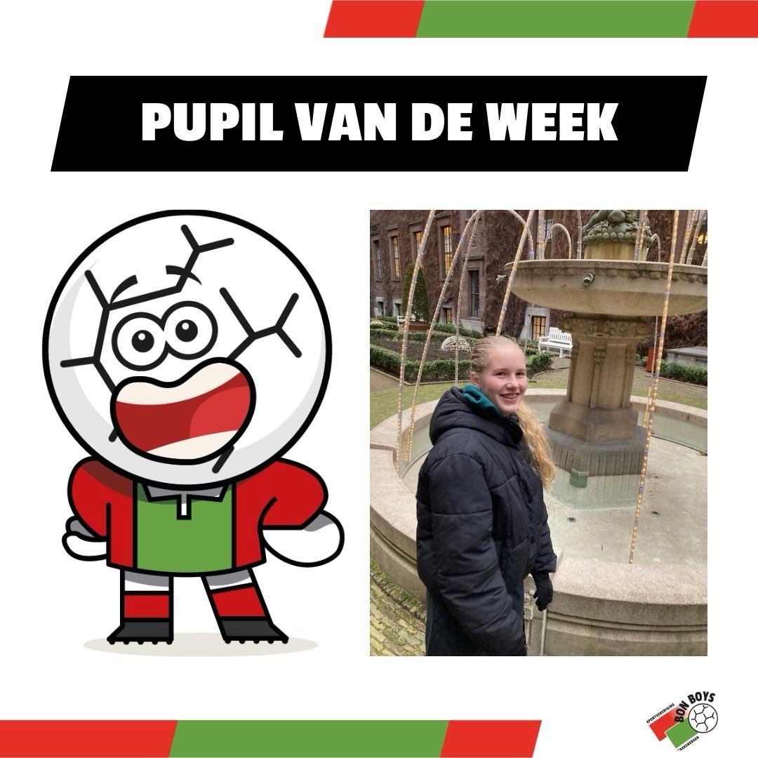 Deze week is Eline Eindhoven onze trotse Pupil van de Week bij Bon Boys dames 1! ⚽

Eline is 12 jaar oud en speelt in MO12-2, waar ze een belangrijke rol heeft als keeper. Met haar snelle reflexen en enthousiasme staat ze altijd klaar om haar team te helpen. Haar favoriete club in Nederland is natuurlijk FC Twente. Als het om de beste speler van Nederland gaat, hoeft Eline niet lang na te denken: dat is volgens haar Daphne van Domselaar. Helaas speelt zij momenteel niet meer in Nederland, maar voor Eline blijft ze een groot voorbeeld.

Binnen Bon Boys Dames 1 heeft Eline ook al een favoriet: Elise is volgens haar de beste speelster van het team. Misschien staat Eline daar later zelf ook wel onder de lat!

In het buitenland support Eline de Engelse topclub Liverpool F.C.. Haar favoriete speler wereldwijd is niemand minder dan Cristiano Ronaldo.

Naast voetbal zit Eline op IKC De Kameleon in groep 8. Haar favoriete vak op school is Engels. Gym vindt ze iets minder leuk… behalve natuurlijk wanneer er gevoetbald wordt! Thuis is ze dol op dieren; een hond vindt ze geweldig en panda’s horen ook bij haar favoriete dieren.

In haar vrije tijd kijkt en leest Eline ook graag. De leukste film die ze heeft gezien is Abeltje en haar favoriete boek is De geur van liefde.

Dat ze deze week Pupil van de Week mag zijn, vindt Eline spannend maar vooral heel erg leuk. We hopen dat ze een fantastische dag heeft bij de wedstrijd en wensen haar heel veel plezier langs en op het veld! ⚽🎉